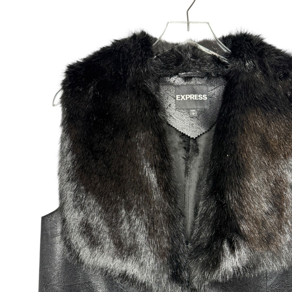 Express Black Faux Fur Oversized Collar Long Line Crackle Sueded Vest Sz L - Picture 3 of 15